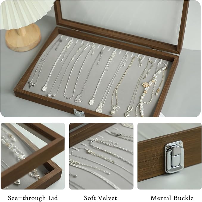 Stratalife Necklace Box Necklace Holder Organizer Wooden Jewelry Box Jewelry Storage Display for Vendors Organizer Tray with Clear Lid Vintage Style - Image 2
