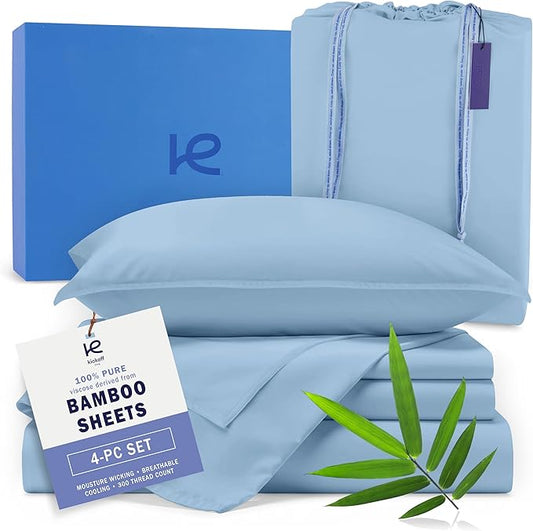 Kickoff Viscose Bamboo Sheets Short Queen Size 4-pc 100% Organic Bamboo Viscose Bed Cooling Sheets Short Queen Size Set Cool Bedding for hot Sleepers Sheet, Flat, Fitted, Pillowcases (Light Blue, SQ)