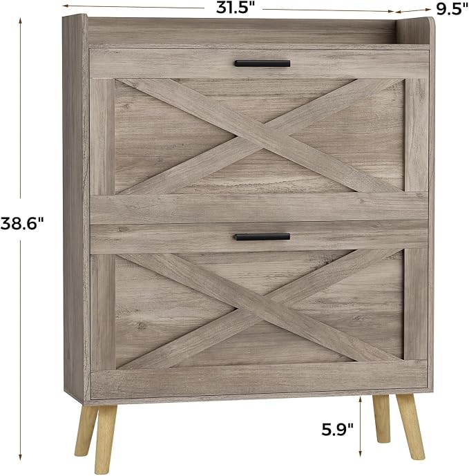 Homleke 32" W Farmhouse Shoe Storage Cabinet with 2 Flip Drawers and Barn Door Design, Adjustable Shelves, Modern Hidden Slim Narrow Shoe Rack Cabinet for Entryway, Foyer, Hallway, Living Room, Greige - Image 2