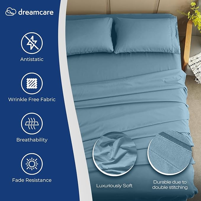 DREAMCARE Twin XL Sheet Sets - 4 pcs Breathable Cooling Bed Sheets - up to 15" Deep Pocket Twin XL Sheets Set with Side Pockets - Extra Soft 100% Brushed Hypoallergenic Hotel Luxury Bedding Mnrl Blue
