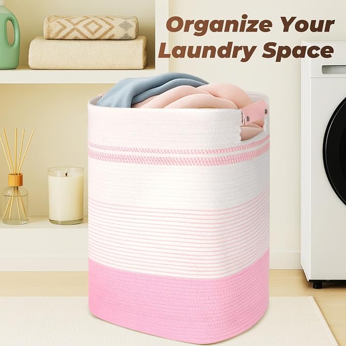 AINUOQI Laundry Basket with Handles - Blanket Basket & Hampers for Bedroom Aesthetic, Laundry Hamper & Blanket Storage for Living Room, Clothes Hamper, Tall, Large 17" x 14" x 22”, Pink & White - Image 6