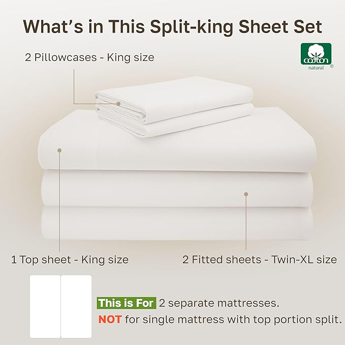 California Design Den Split King Sheet Set - 100% Cotton, Luxuriously Soft 600 Thread Count Sateen, King Size Sheets for Adjustable Bed - True Ivory