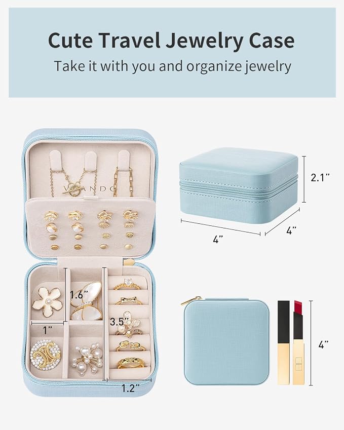 VLANDO Mothers Day Mom Gifts - Travel Jewelry Case, Small Travel Jewelry Organizer Box for Girls Women - Blue - Image 5