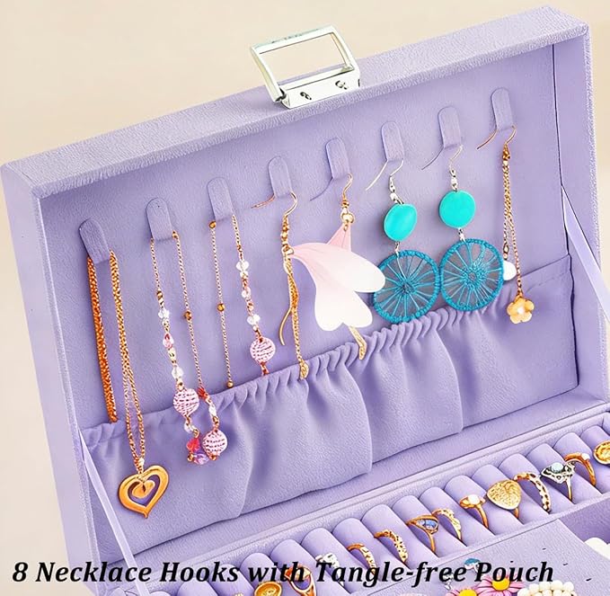 QBestry 3-Layer Jewelry Box for Girls & Teens with Lock and Key, Large Jewelry Organizer with 8 Necklace Hooks & 56 Earring Holes, Violet Velvet Jewelry Storage Box for Necklace Earring Ring Bracelet - Image 4