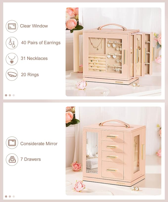 Homde Jewelry Box 360° Rotating, Necklace Earring Organizer with Transparent Window, Mirror, 7 Drawers, Large Ring Display Storage Case for Girls Women (Peach Pink) - Image 4