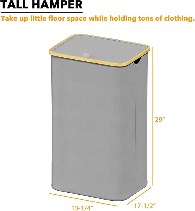 SpaceAid Laundry Hamper with Lid, 110L Large Tall Clothes Basket Bin with Bamboo Handles, Collapsible Laundry Hamper for Bedroom, Bathroom, Dorm, Laundry Room - Light Grey - Image 4