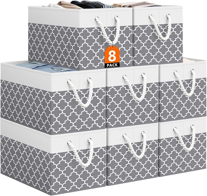 StorageTastic Storage Bin,Collapsible Storage Basket For Organizing,Large Storage Boxes With Rope Handles,Storage Containers,Clover Grey,8 Pack by StorageTastic