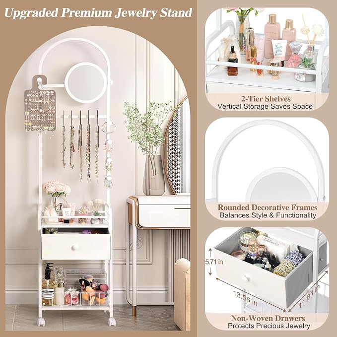 Keebofly Floor Jewelry Organizer with Adjustable Mirror, 67.52" Tall Jewelry Display Stand with 6 Acrylic Earring Necklace Pegboards, Mobile Jewelry Tower with Large Storage Drawer for Women - Image 5
