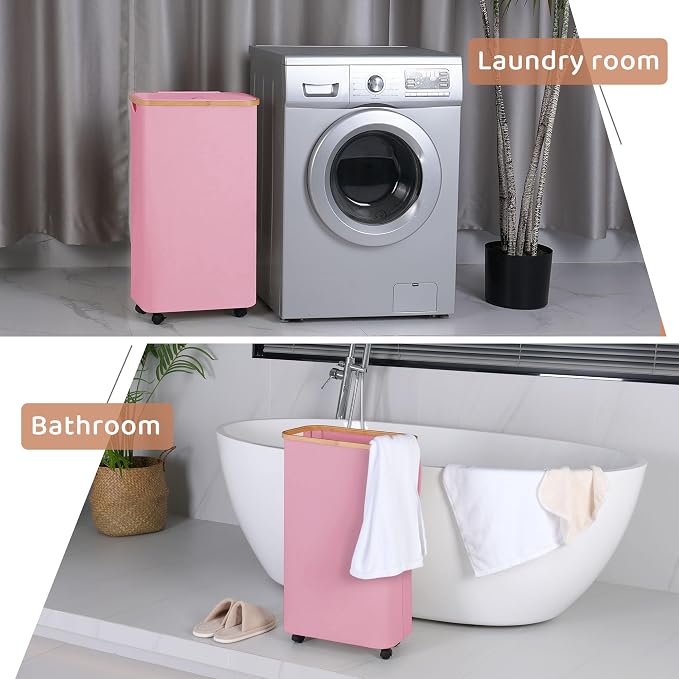 Slim Laundry Basket with Wheels,Narrow Hampers for Laundry,Freestanding Laundry Hamper with Lid&Bamboo Handles,Collapsible & Waterproof Tall Cloth Hamper for Dorm Family(60L Pink) - Image 5