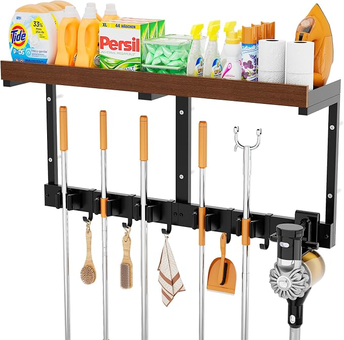 Broom Holder Wall Mount with Cleaning Supplies Organizer, Laundry Room Shelves with Mop Hanger Rack Gripper Hooks and Vacuum Organizer, Broom and Mop Organizer Wall Hanging for Home Garage Kitchen by Unknown