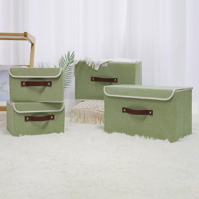 ANMINY 4PCS Storage Bins with Lid PU Leather Handles Storage Boxes PP Plastic Board Decorative Foldable Lidded Cotton Linen Fabric Home Cubes Baskets Closet Organizer Containers - Green, Small Size - Image 7