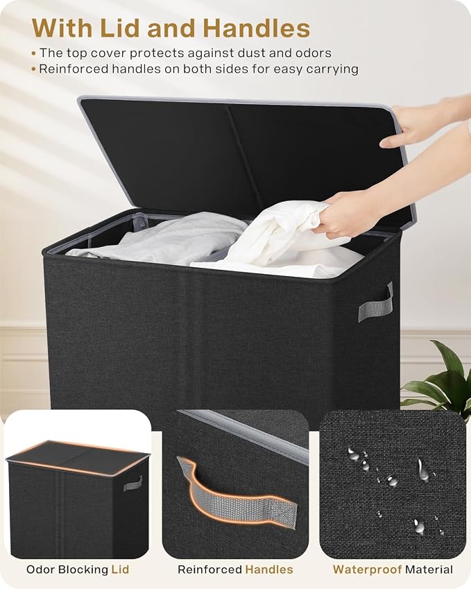 SOLEDI Double Laundry Hamper with Lid, 130L Clothes Hamper 2 Section, Laundry Basket with Removable bag, Bed room decor aesthetic, laundry room organization, Home and dorm room essentials - Image 7