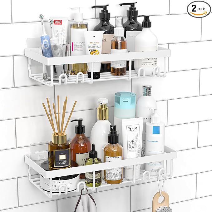 Moforoco Shower Caddy Shelf Organizer Rack, Self Adhesive Black Bathroom Shelves Basket, Home Farmhouse Wall Inside Organization and Storage Decor Rv Accessories, First Camper Apartment Essentials by MOFOROCO
