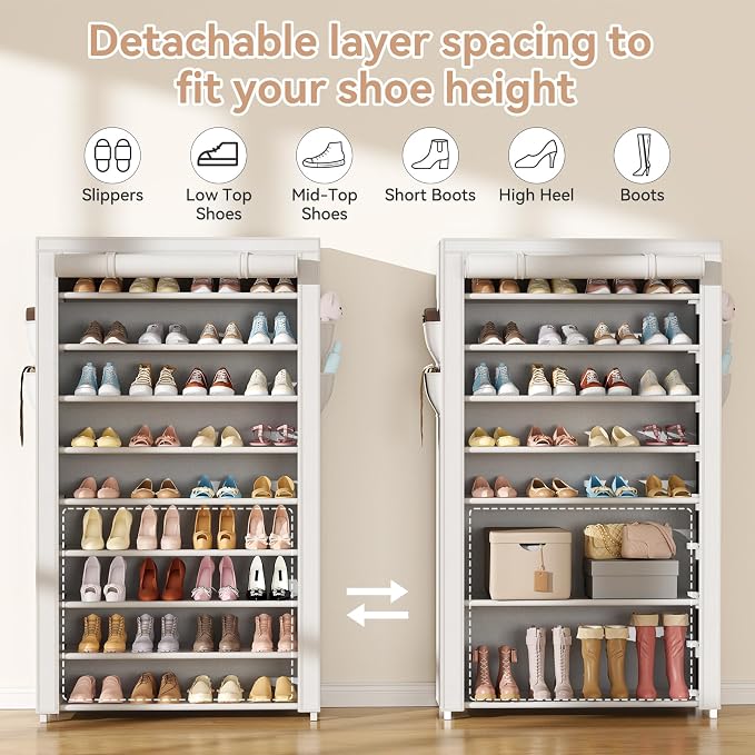 LANTEFUL Shoe Rack with Covers 10 Tier Tall Shoe Rack Organizer Large Capacity Shoe Shelf Storage 40 Pairs Space Saving Free Standing Shoe Storage Organizer for Closet, Entryway, Dorm, White - Image 6