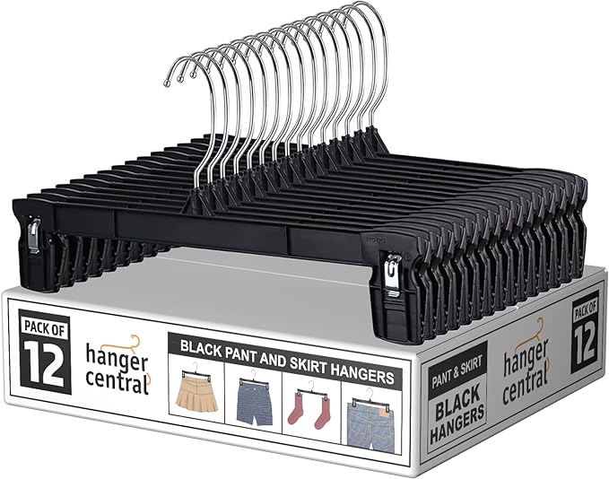 Hanger Central 12 Pack Pants Hangers – 12 Inch Slim Plastic Clothes Hangers with Clips for Skirts, Pants, Shorts – Space Saving Heavy Duty Closet Organizer with Non Slip Grip & Swivel Hook – Black by HangerCentral