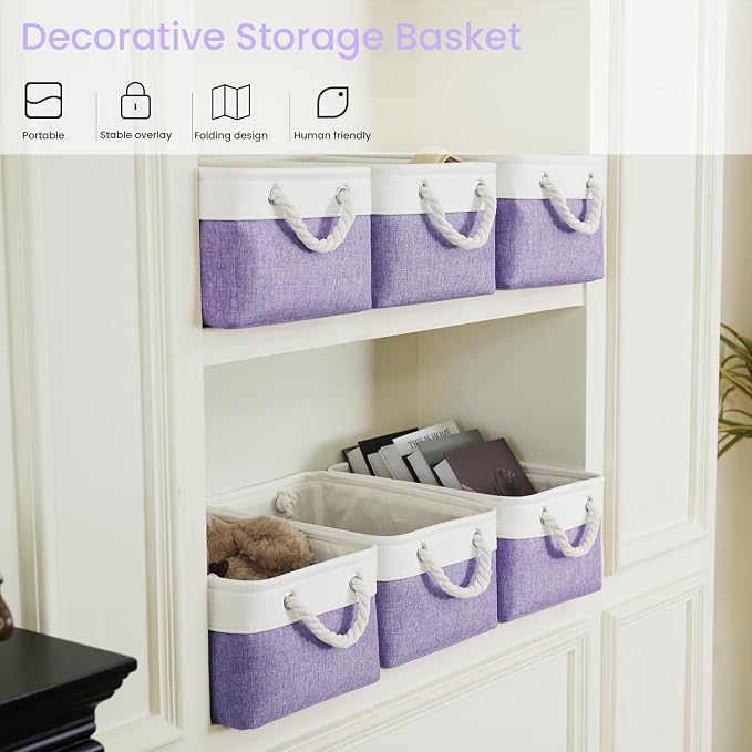 Storage Baskets for Shelves 13.8x9.8x6.7 Inch, Foldable Fabric Storage Bins with Handles, Small Storage Baskets for Organizing Closet, Office, Home Organization (3-Pack, White&Purple) - Image 5