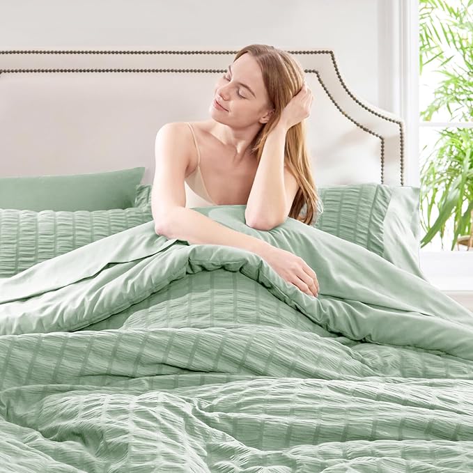 CozyLux King Size Comforter Set Sage Green Seersucker 7 Pieces Bed in a Bag King Comforter Set with Sheets, Luxury Bedding Sets with Down Alternative Comforter, Sheets, Pillowcases & Shams All Seasons