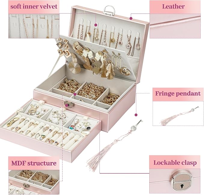 BOOVO Earring Jewelry Box For Women Girl Stud Organizer, 4 Layers Girl Jewelry Organizer Box With Lock Earring Holder Organizer Necklace Ring Jewelry Organizer Box For Girls (Rose Gold, 4 layer) - Image 2