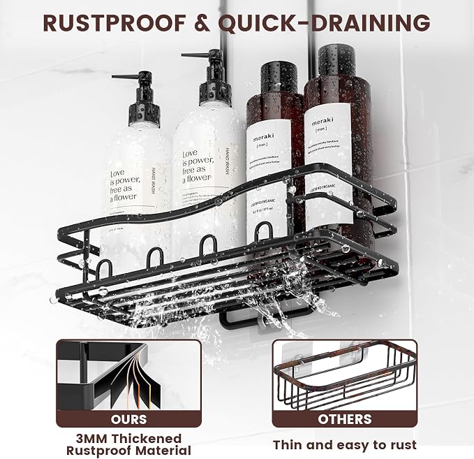 REINHARDT Shower Caddy Hanging, Rustproof Shower Caddy Anti-Swing Shower Organizer Over Showerhead No Drilling Shower Racks with Soap Holder Multi Hooks Bathroom Storage for Shampoo Sponge, Black - Image 6