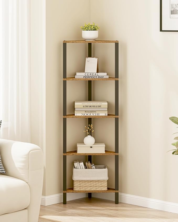 TUTOTAK Corner Shelf, 5-Tier Corner Bookshelf for Small Space, Narrow Display Corner Shelf Stand with Storage Rack, for Living Room, Bedroom, Rustic Brown BS05BB005 - Image 6