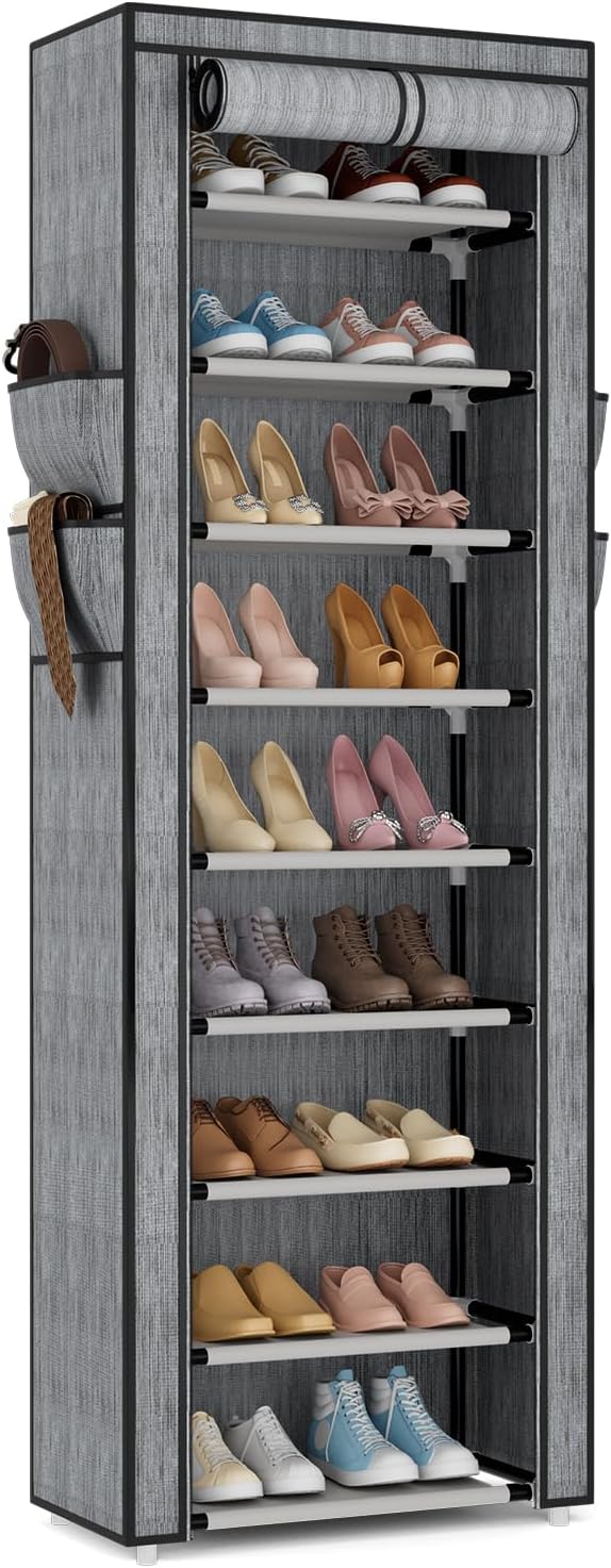VILICK Shoe Rack with Cover Narrow Shoe Rack Organizer with 4 Side Pockets 10 Tier Tall Shoe Storage Shoe Shelf Holds 18-22 Pairs Shoes and Boots Shoe Rack for Closet, Printing by VILICK