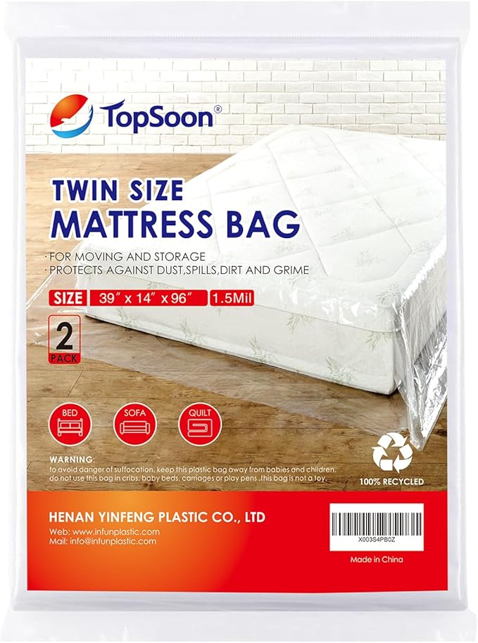 TopSoon 2PK Clear Plastic Mattress Bag - Moving & Storage Cover for Mattress or Box Spring - Heavy-Duty Disposal Supplies (1.5mil, Twin 39" x 14" x 96")