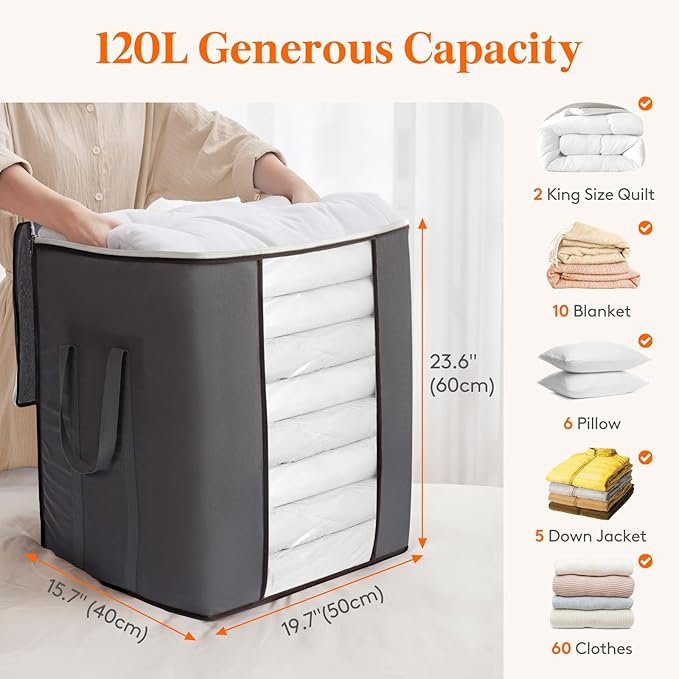 Lifewit 120L Extra Large Blanket Storage Bags, Foldable Comforter Storage with Reinforced Handles, Clothes Storage Containers for King Comforter, Bedding, Pillow, Sheet, Storage Bin with Lids 4 Pack