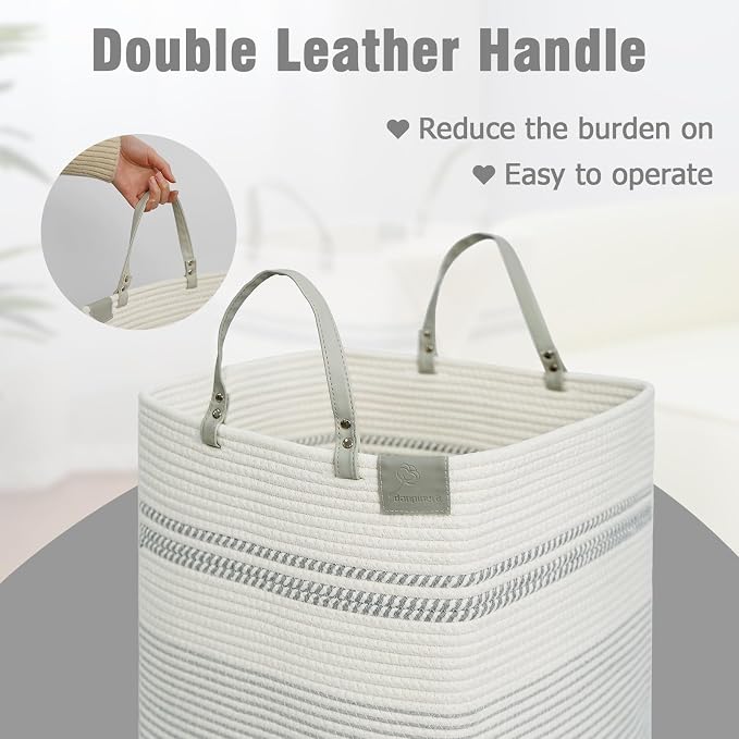 danpinera 100L Nursery Hamper, Tall Woven Laundry Basket with Long Leather Handles, Boho Laundry Hamper for Living Room & Bedroom, Eco-friendly & Convenient Decorative Storage Basket White & Gray - Image 3