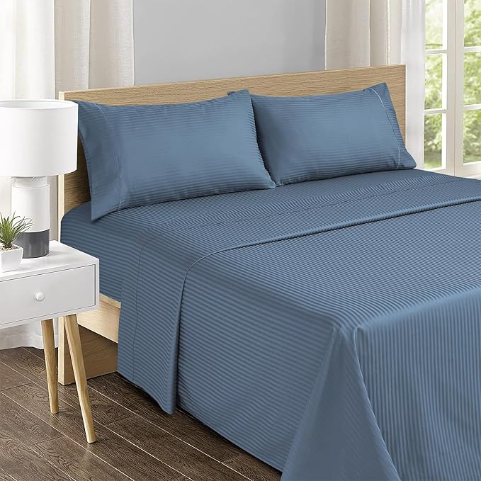 Feather & Stitch 500 TC California King Size Bed Sheet Set, 100% Cotton Soft Breathable Bedsheets, 4 Piece 18" Deep Pockets Sateen Weave Striped Bedding Mattress Resort Hotel Luxury - (Blue Stripe)