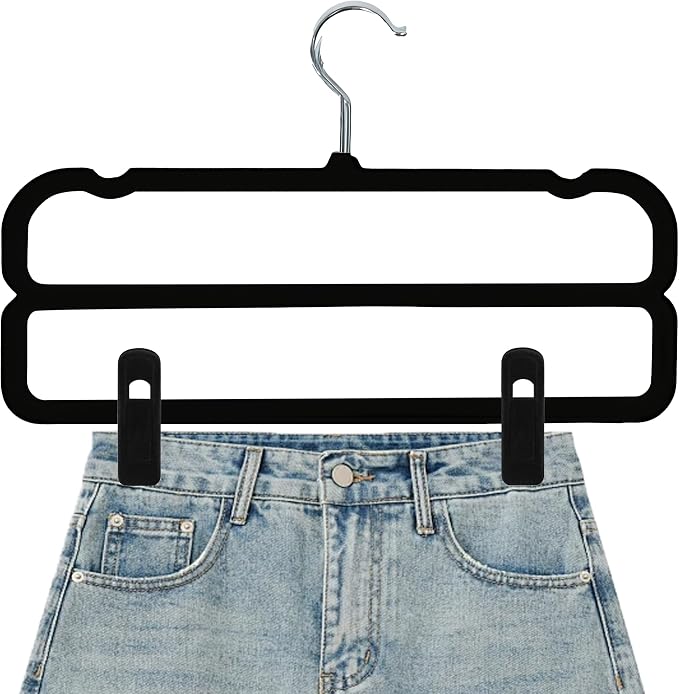 WJWSKI Velvet Pants Hangers with Double Non Slip Bar - with Adjustable Clips- Thin Space Saving Clothes Hanger - 360° Swivel Felt Trouser Hanger Perchas Terciopelo 10 Pack (Black) - Image 4