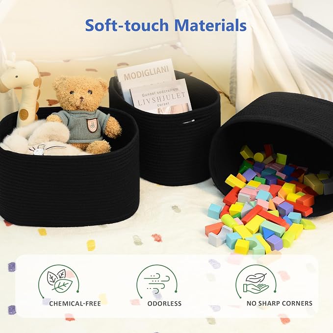 ECDYQXVU Cotton Rope Storage Basket, 15x10x9 Inches, Woven Basket for Shelves, Clothes, Towels, Books, and Laundry, Black (3 Pack) - Image 7