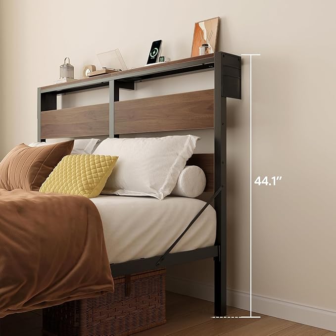 Bestier Queen Size Bed Frame with Headboard and Charging Station,Platform Metal Bed Frame with LED Light,Non-Slip Bed Frame, Noise-Free, Easy Assembly,Walnut