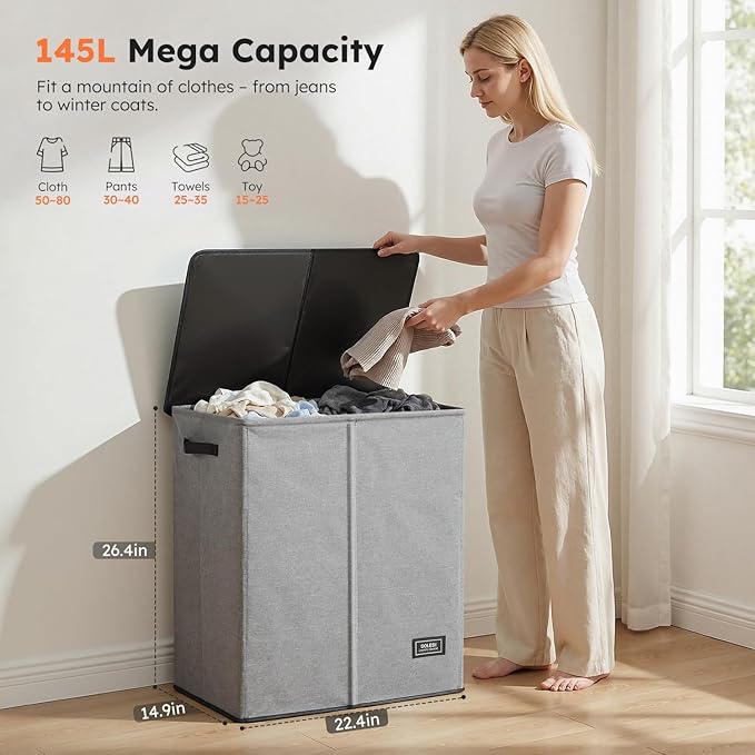 SOLEDI Double Laundry Basket with Lid and Removable bag, Large Laundry Hamper 2 Section with handles, Collapsible Dirty Clothes Hampers for Laundry, Bedroom, Dorm, College - Image 2