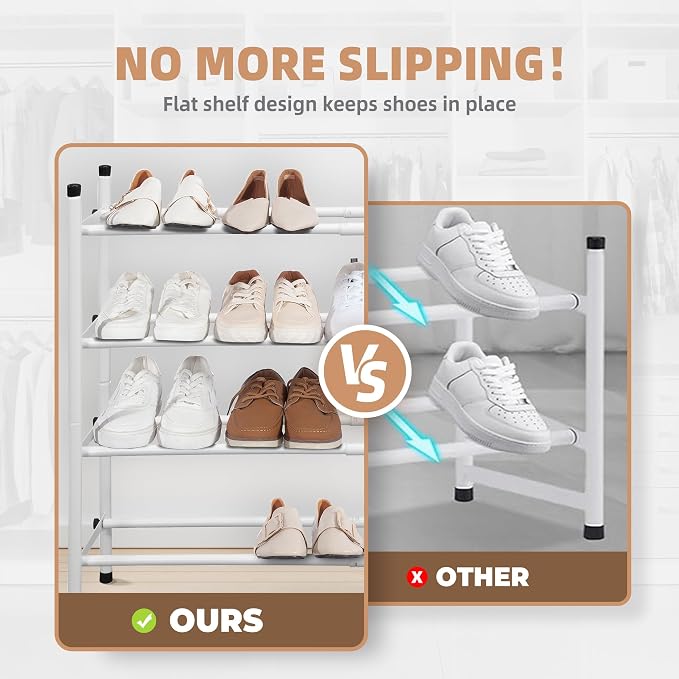 STORAGE MANIAC Expandable Shoe Rack, 16 Pairs Stackable Small Shoe Rack, Metal Adjustable Shoes Organizer for Closet, Entryway, Hallway, Garage, Front Door, Shoes Shelves, White 4 Tier - Image 4