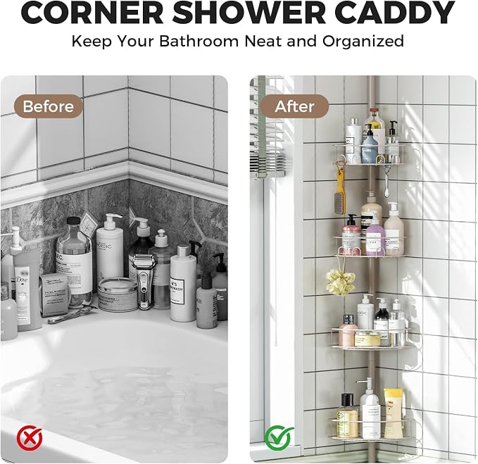 Urackify Corner Shower Caddy Tension Pole, 4 Tier Adjustable Bathroom Organizer Shelves, Shower Storage With Hidden Hook & Towel Holder,63.7-119 Inch No-Drill Quick Installation Shower Rack,Sliver - Image 6