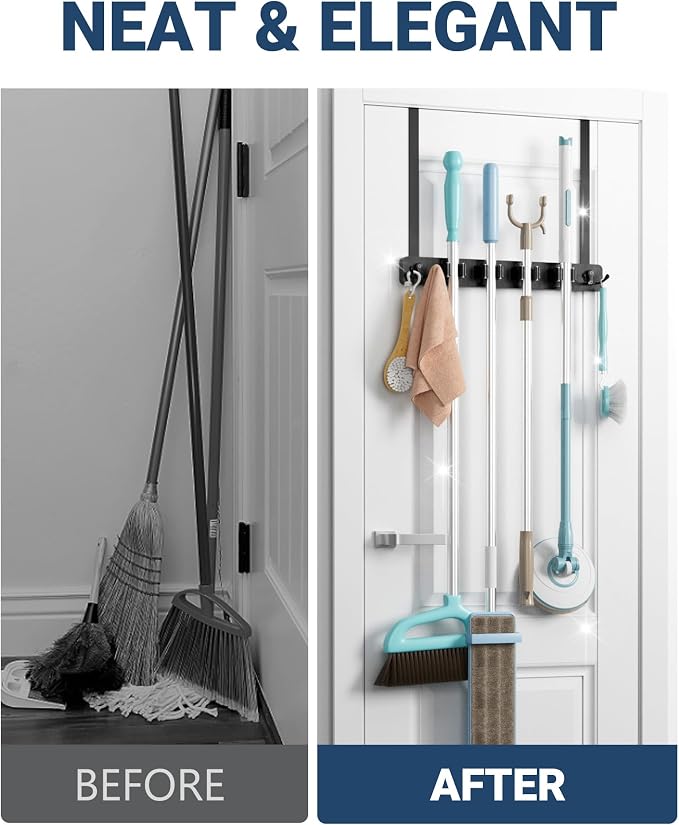 Lorbro Broom Holder Door Mount, Over the Door Broom and Mop Holder with 2 Over Door Hooks, Wood Broom Hanger, Tool Rack Organizer for Laundry, Garage, Closet, Kitchen Decor, 4 Slots & 4 Hooks Rustic - Image 4