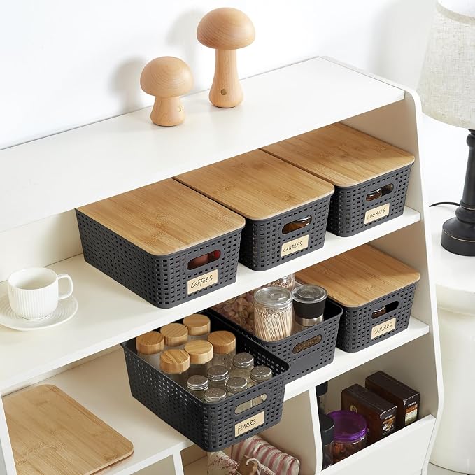 Bagnizer Small Plastic Storage Bins with Bamboo Lids 5.2qt Stackable Box Basket Pantry Decorative Containers Cute with Label for Organizing Desktop Closet Office Gray of 6 packs 10 * 7.2 * 4.1" - Image 5