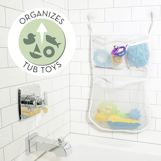 S&T INC. Bath Toy Storage Net with Pockets for Tub, Shower Caddy Holds Baby and Kids Toys, Soap, or Shampoo, Hooks Included, 14 Inch by 20 Inch, White, 1 Pack - Image 3
