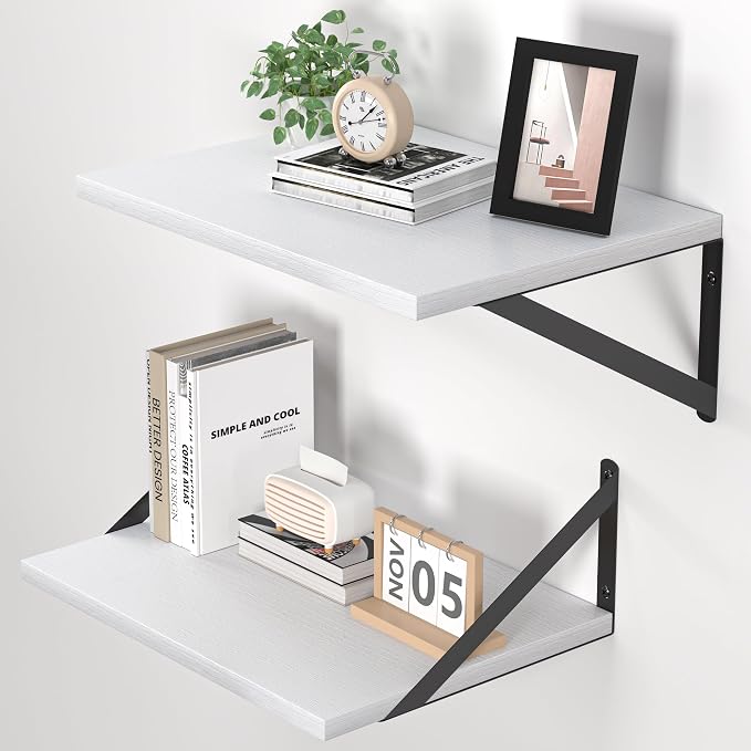 Heimlove White Deep Floating Shelves for Wall, 16W x 12D Wood Wall Shelves Set of 2, Wide Floating Bookshelf for Living Room, Kitchen, Office, Bedroom and Decor Storage, with Black Bracket - White by Heimlove