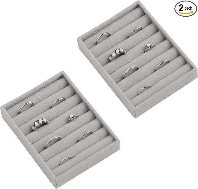 Frebeauty Small Jewelry Tray Set,Velvet Ring Organizer,Stackable Jewelry Organizer Tray,Mini Jewelry Drawer Organizer,4.92 x 3.74 x 0.9 Inches,7 Slots Ring Tray for Women(Set 2,Grey) by Frebeauty