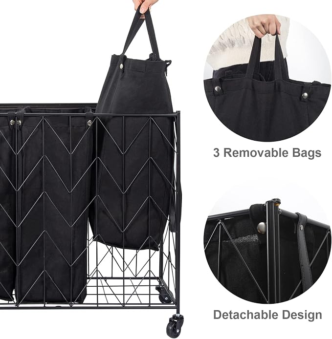 WOWLIVE Laundry Basket with Wheels, 142L Hamper 3 Section with Lid, Dirty Clothes Hamper with Removable Bags, Large Capacity Iron-Made Organizer Laundry Sorter for Dorm, Black - Image 5