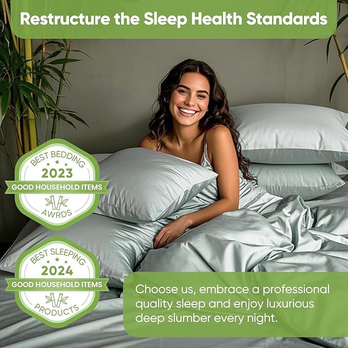 TWK Luxury Sheet Set, Genuine 100% Organic Viscose Derived from Bamboo, Cooling & Breathable, Silky Soft, Bedding Sheets & Pillowcases (Sea Glass, King)