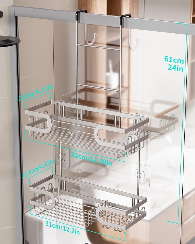 HapiRm Shower Caddy over Door- Hanging Shower Organizer with 14 Hooks and Soap Holder, Rustproof & Waterproof Stainless Steel Bathroom Shelf - Brushed Nickel - Image 6