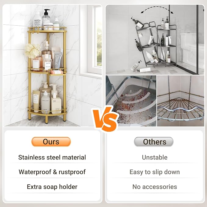 ELYKEN Corner Shower Caddy Standing, 3 Tier Rustproof Metal Shower Organizer with Soap Holder, Floor Shower Corner Shelf Rack Storage Stands with Adjustable Feet & 2 Hooks for Bathroom, Gold - Image 7