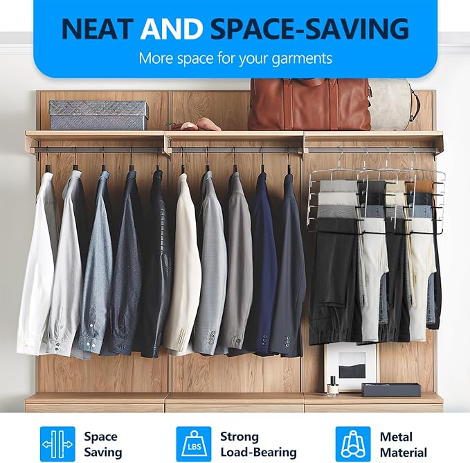 Pants Hangers 3 Pieces,5 Tier Closet Organizers and Storage Clothes Hanger,Hangers Space Saving with Swing Arm,Multiple Metal Hanger Clothes Organization for Pants Trousers Jeans Leggings Slacks - Image 4