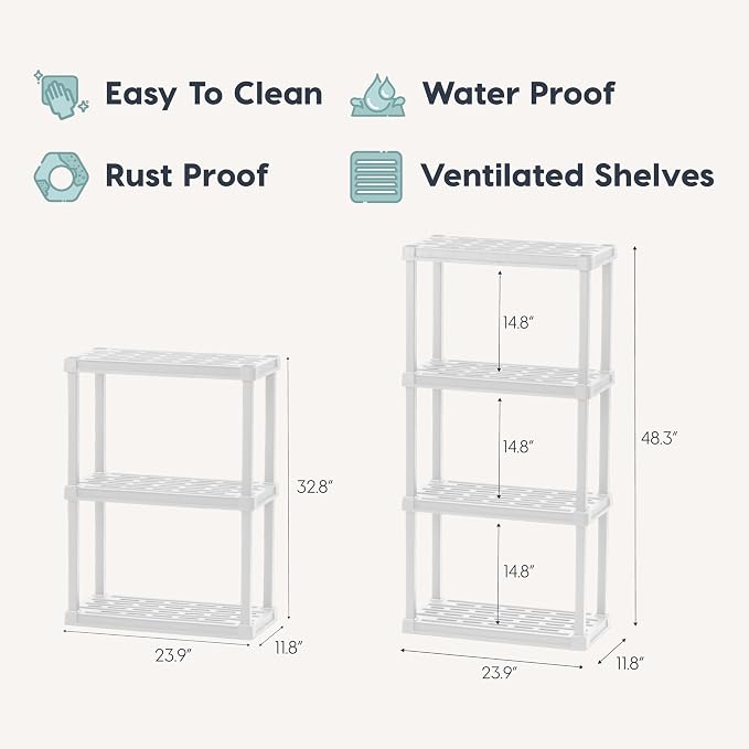 IRIS USA 3-Shelf Light Duty Plastic Storage Shelves, 150lb Capacity, 33" H x 24" W x 12" D, Medium Modular Shelving Unit Storage Organizer for Bathroom, Laundry, Garage & Home, Storage Rack - White - Image 2