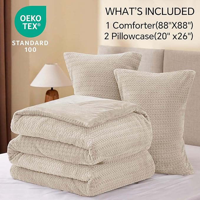Flannel Fleece Queen Comforter Set - Furry Linen Leaves Pattern Faux Fur Bed Set, Winter Ultra Soft Fuzzy Comfort Set, Velvet Bedding Set for Bed with 2 Pillow Cases