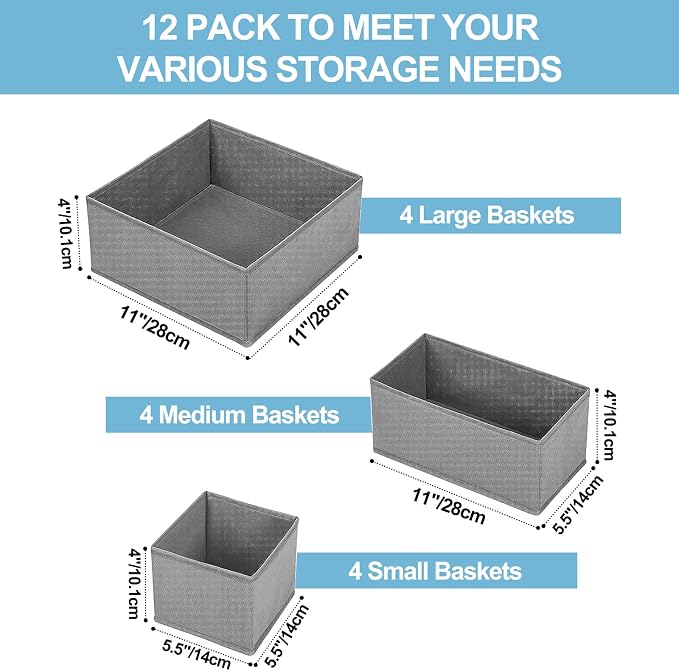 homyfort 12 Pack Dresser Drawer Organizers and Storage Bins for Clothing, Baby Clothes, Bra, Underwear, Socks (Grey) - Image 5