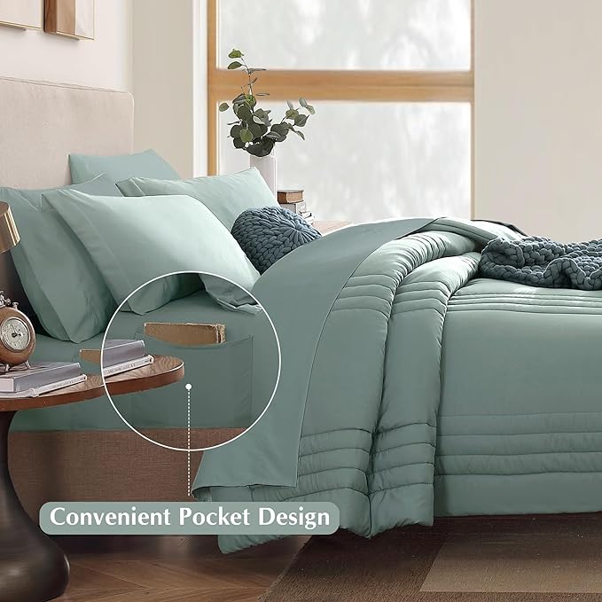 Monbix Super King Size Comforter Set - 7 Pieces Sage Green Bed in a Bag Super King Bedding Sets with Comforters, All Seasons Comforter Bed Set with Sheets,Pillowcases & Shams