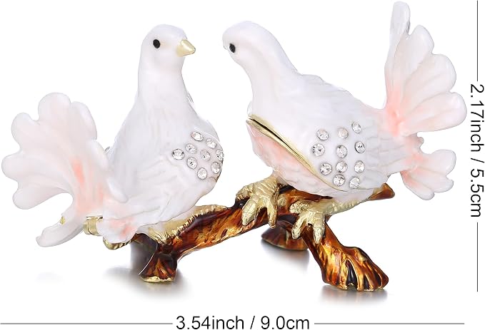 Hand Painted Animal Trinket Box for Home Decor, Hinged Jewelry Organizer Storage, Unique Personalized Collectible Keepsake Figurine Handmade Decorative Ornament Gifts (Dove Couple) - Image 2